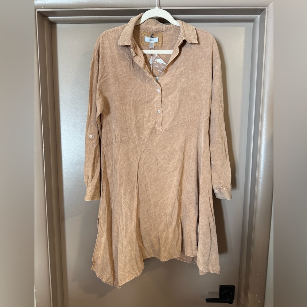 Cupio Taupe shirt dress with asymmetrical hem